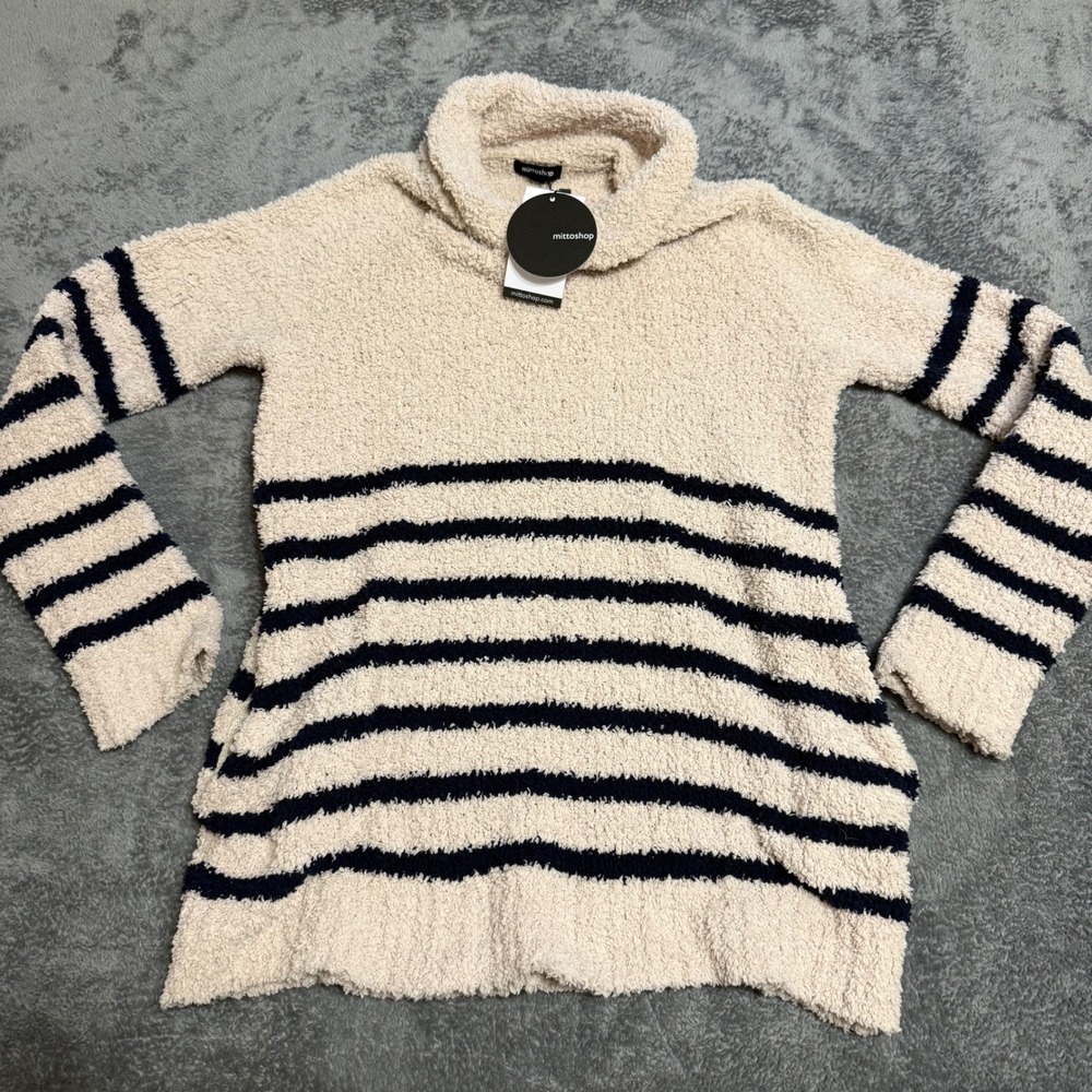 MittoShop Cozy Striped Cowl Neck Fuzzy Sweater Women's S/M Cream Navy